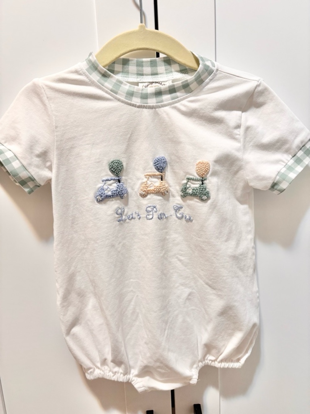 Golf birthday party White Baby Romper with Pastel Car Embroidery